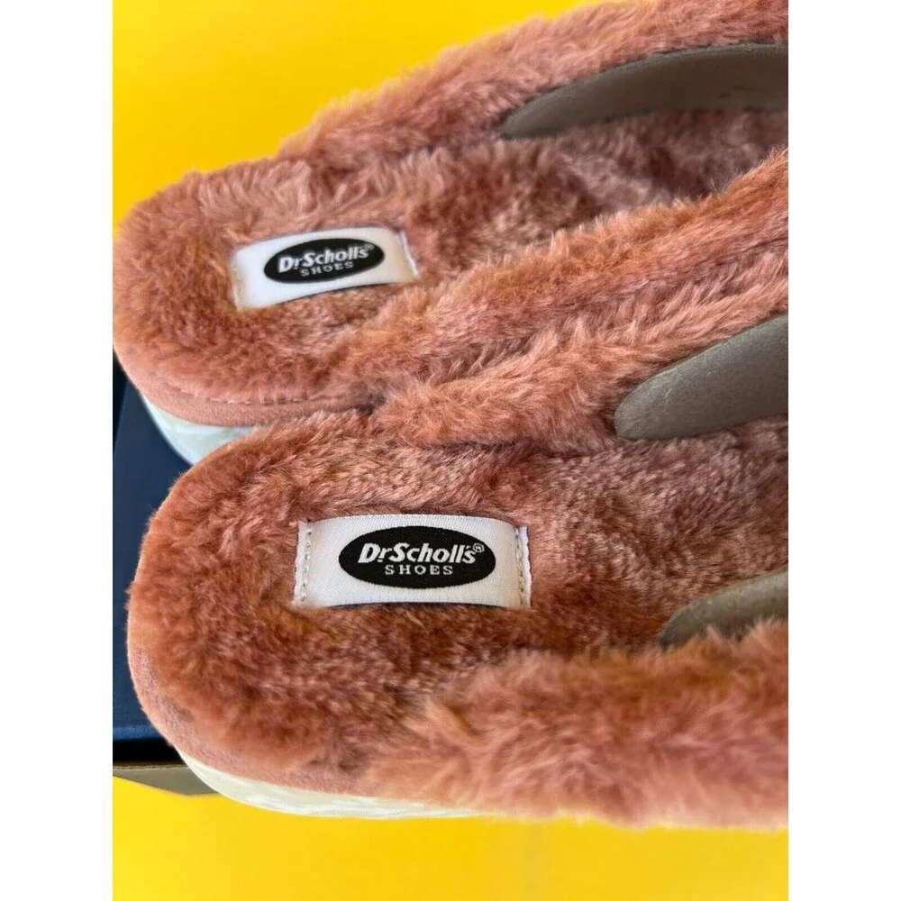 Dr Scholl's Staycay OG Slippers Slide Sandals Womens 8 M Pink Plush Faux Fur NWB_8